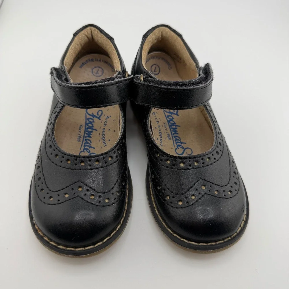 Footmate Kids Black Leather Mary‎ Jane Shoes Wingtip Arch Support Wide Size 7